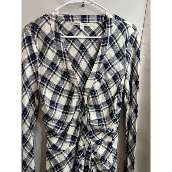 VERONICA BEARD Women’s Size 10 Navy Blue PLAID RUCHED Button Up Rowe DRESS