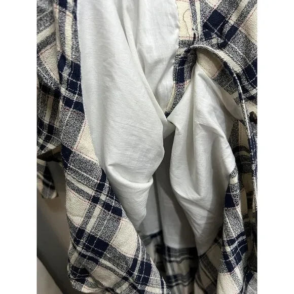 VERONICA BEARD Women’s Size 10 Navy Blue PLAID RUCHED Button Up Rowe DRESS