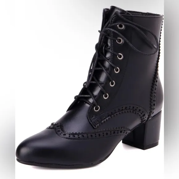 😍Victorian Ankle Boots Round toe Lace Up Block Heel Low Booties with Side…