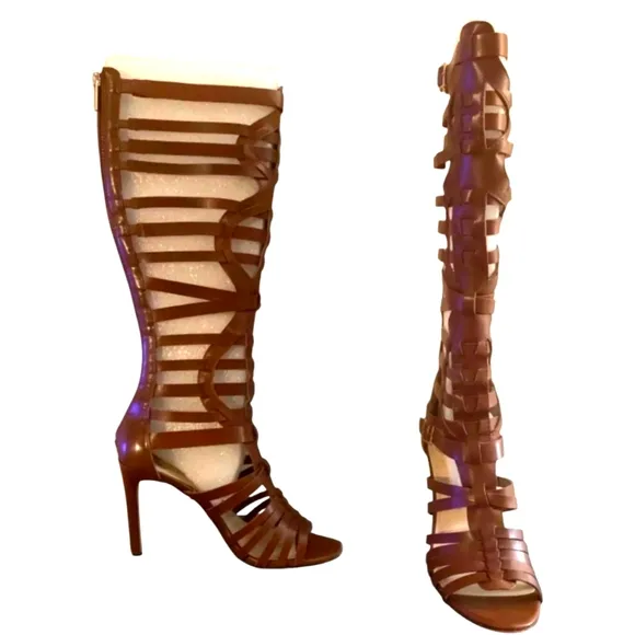 Vince Camuto &quot;Kase&quot; Calf Leather Caged Gladiator Sandal Heels | Cognac Tan 8M