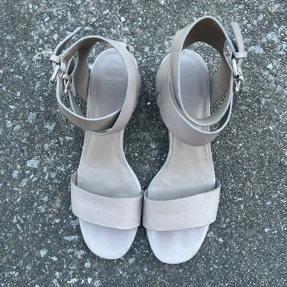 Vince Double Strap Leather Sandals Size 9 Taupe Block Heels