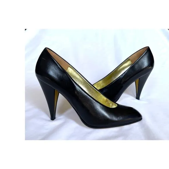 Vintage 1980s Charles Jourdan Leather &amp; Gold Sculpted High Heels Pumps Shoes 6.5