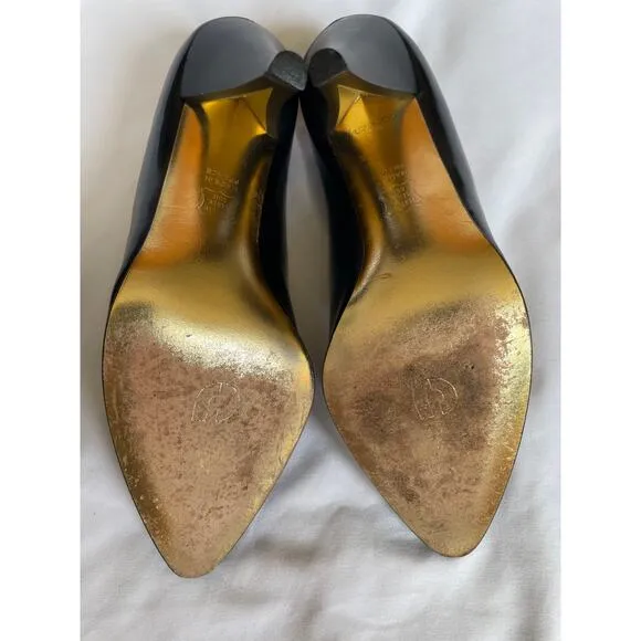 Vintage 1980s Charles Jourdan Leather &amp; Gold Sculpted High Heels Pumps Shoes 6.5