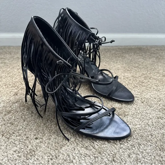 Vintage 90s Y2K Coup D'etat Black Leather Fringe Sandals Heels Size 10