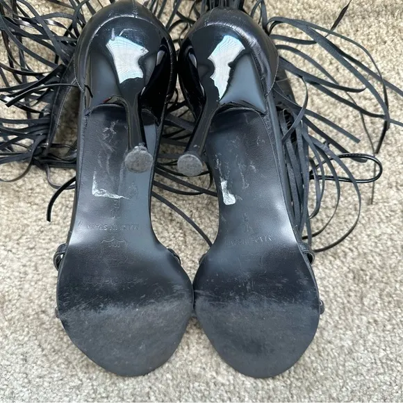 Vintage 90s Y2K Coup D'etat Black Leather Fringe Sandals Heels Size 10