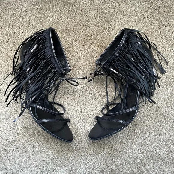 Vintage 90s Y2K Coup D'etat Black Leather Fringe Sandals Heels Size 10