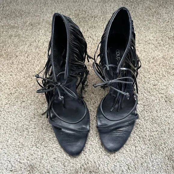 Vintage 90s Y2K Coup D'etat Black Leather Fringe Sandals Heels Size 10