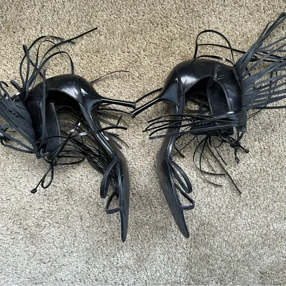 Vintage 90s Y2K Coup D'etat Black Leather Fringe Sandals Heels Size 10