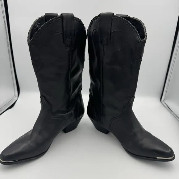 Vintage ACME Women's Dress Western Side Fringe Star Boots Size 6 Black Leather