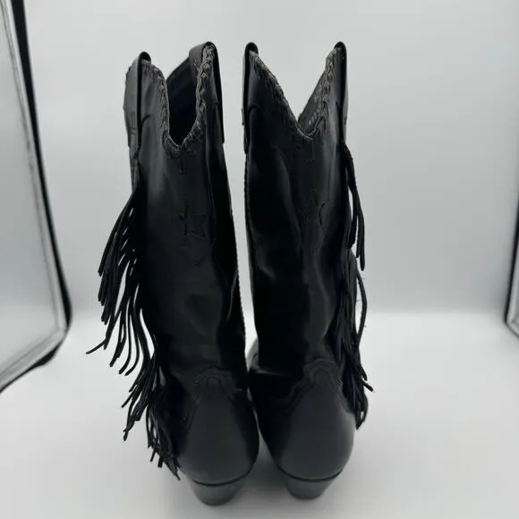 Vintage ACME Women's Dress Western Side Fringe Star Boots Size 6 Black Leather
