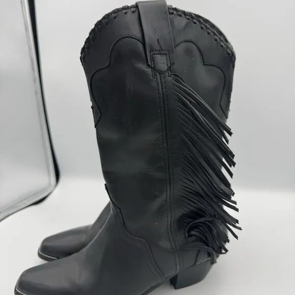 Vintage ACME Women's Dress Western Side Fringe Star Boots Size 6 Black Leather