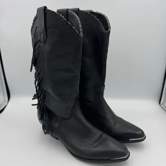 Vintage ACME Women's Dress Western Side Fringe Star Boots Size 6 Black Leather