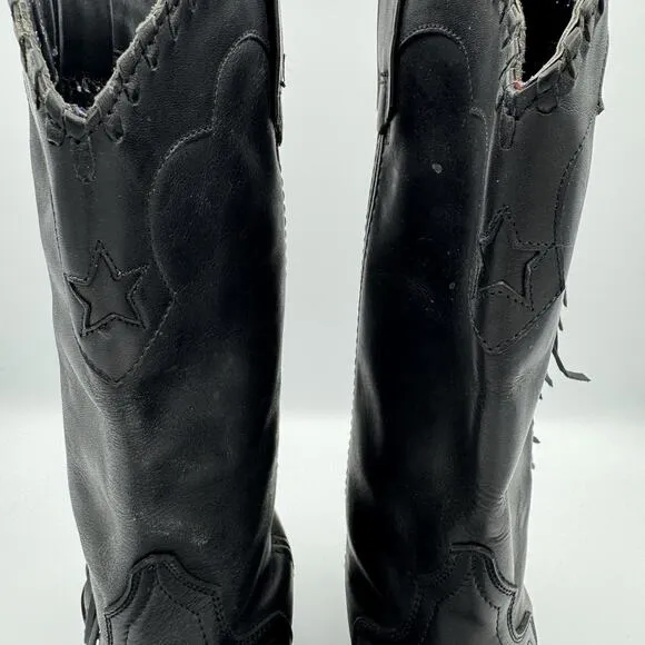 Vintage ACME Women's Dress Western Side Fringe Star Boots Size 6 Black Leather