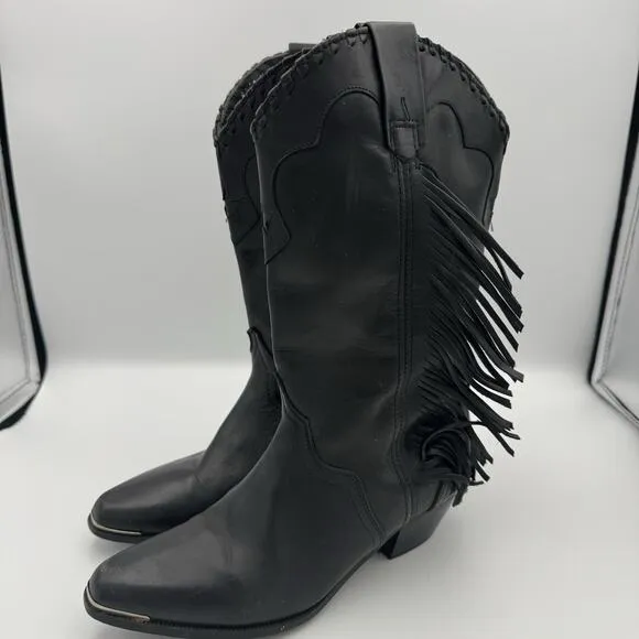 Vintage ACME Women's Dress Western Side Fringe Star Boots Size 6 Black Leather