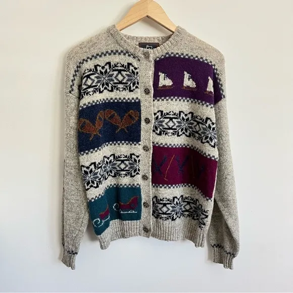 Vintage Woolrich Cardigan Sweater L Winter Ice Skates Snow Shoes 80s 70s Sleds