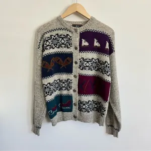 Vintage Woolrich Cardigan Sweater L Winter Ice Skates Snow Shoes 80s 70s Sleds