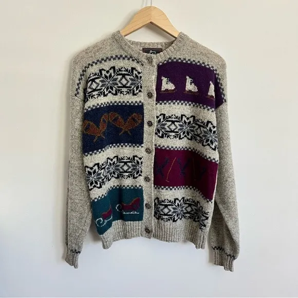 Vintage Woolrich Cardigan Sweater L Winter Ice Skates Snow Shoes 80s 70s Sleds