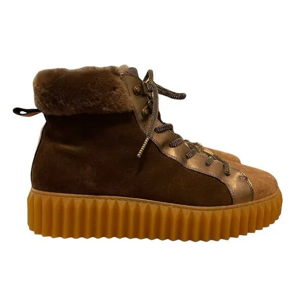 Voile Blanche Fiona Shearling &amp; Metallic Leather Women's Hiking Boots Size 38EU