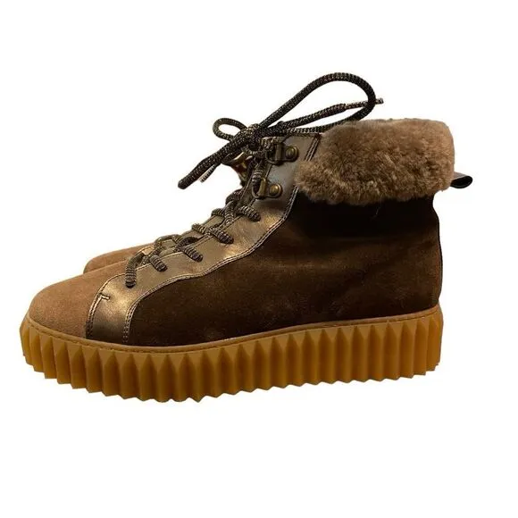 Voile Blanche Fiona Shearling &amp; Metallic Leather Women's Hiking Boots Size 38EU