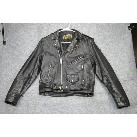 VTG Frontier Genuine 38 Leather‎ Jacket Black Biker Punk Zip Y2K 80s