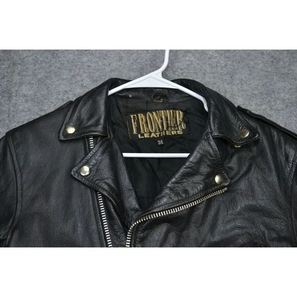 VTG Frontier Genuine 38 Leather‎ Jacket Black Biker Punk Zip Y2K 80s