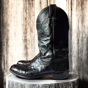 VTG Justin Boots Western Boots Mens Black Ostrich Full Quill Cowboy 12A NARROW