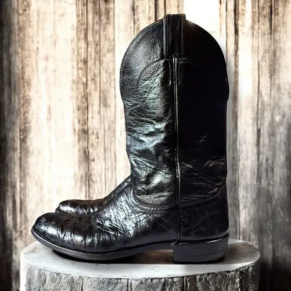 VTG Justin Boots Western Boots Mens Black Ostrich Full Quill Cowboy 12A NARROW
