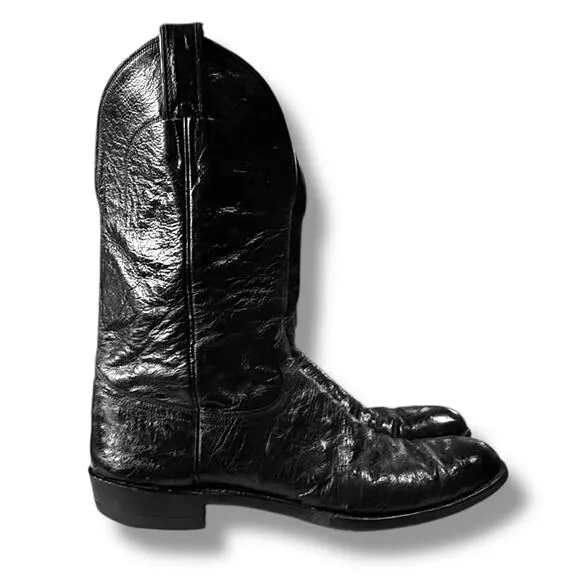 VTG Justin Boots Western Boots Mens Black Ostrich Full Quill Cowboy 12A NARROW