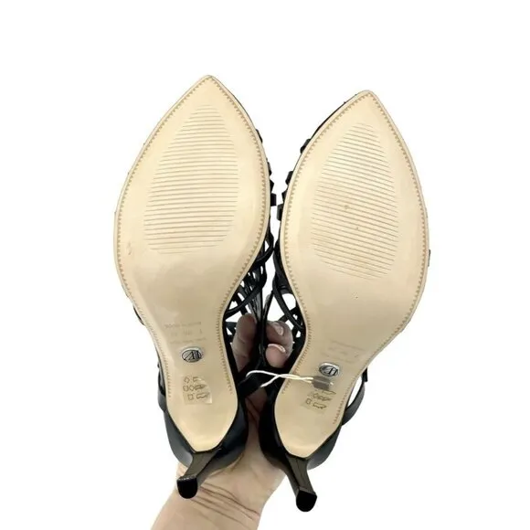 Werner Black Laser Cut Ankle Strap Sandals Stiletto Heels Open Toe SZ 7 US NIB