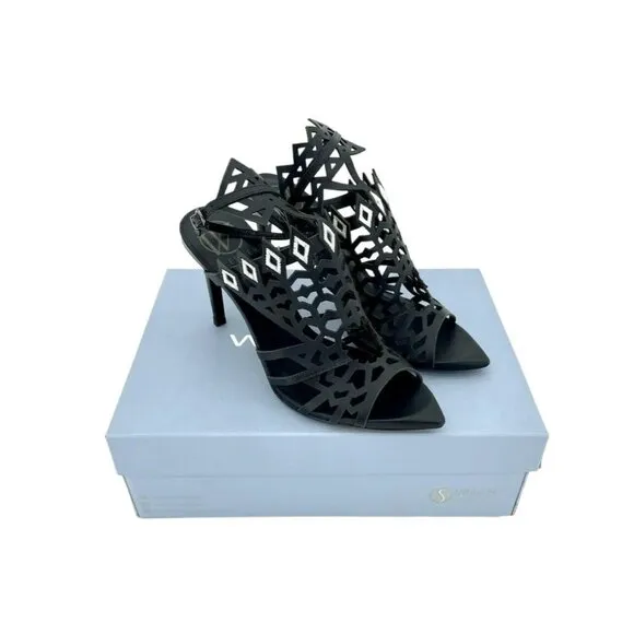 Werner Black Laser Cut Ankle Strap Sandals Stiletto Heels Open Toe SZ 7 US NIB