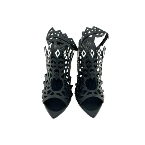 Werner Black Laser Cut Ankle Strap Sandals Stiletto Heels Open Toe SZ 7 US NIB