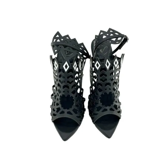 Werner Black Laser Cut Ankle Strap Sandals Stiletto Heels Open Toe SZ 7 US NIB