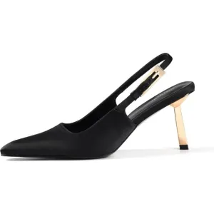Women Silk Black Closed Toe 3.5 in Kitten Heels Women Pumps Square Toe Sandals