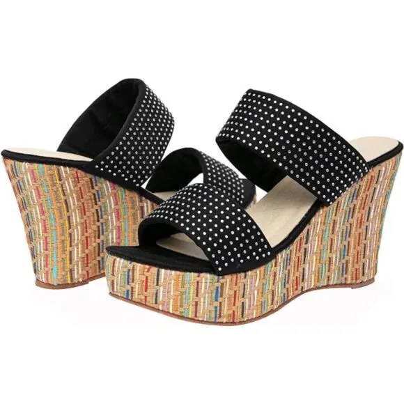 Women's Wedge Sandals with Rhinestone Shoelaces Platform High Heels Slide Sandal