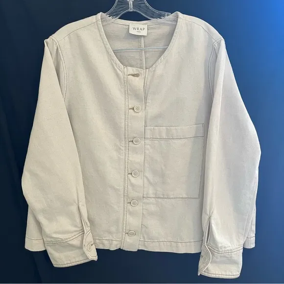 Wrap London Cream Button-Up Linen Cotton Blend Cropped Boxy Jacket