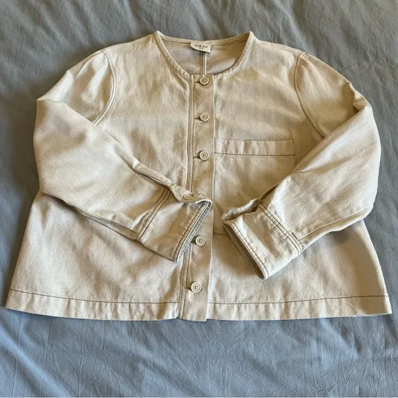 Wrap London Cream Button-Up Linen Cotton Blend Cropped Boxy Jacket