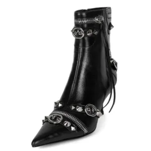 XYD Women's Ankle Boots Ultra Fashion Pointed Toe Kitten Low Heels Black Shoes