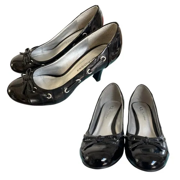 Y2K VINTAGE BLACK LACE UP BOW PATENT CL LAUNDRY PUMPS HEELS SZ. 7.5 LIKE NEW