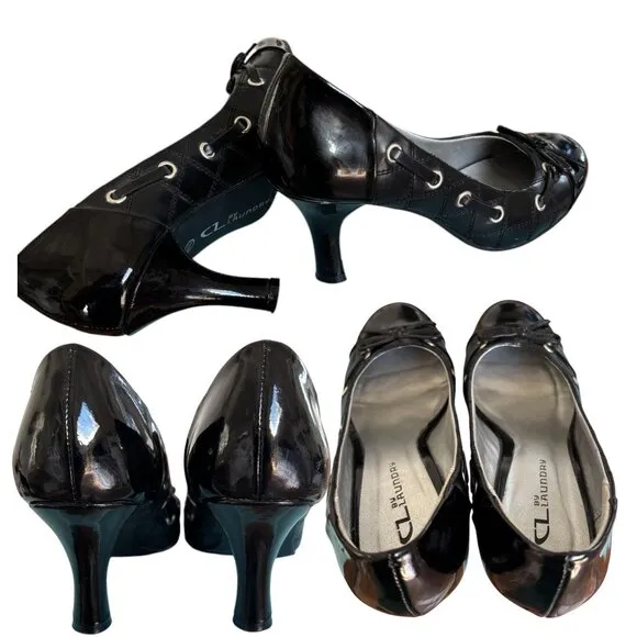 Y2K VINTAGE BLACK LACE UP BOW PATENT CL LAUNDRY PUMPS HEELS SZ. 7.5 LIKE NEW