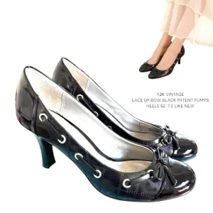 Y2K VINTAGE BLACK LACE UP BOW PATENT CL LAUNDRY PUMPS HEELS SZ. 7.5 LIKE NEW