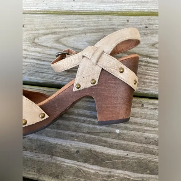 Y2K Wooden Heel Miz Mooz Cream &amp; Brown Heeled Sandals