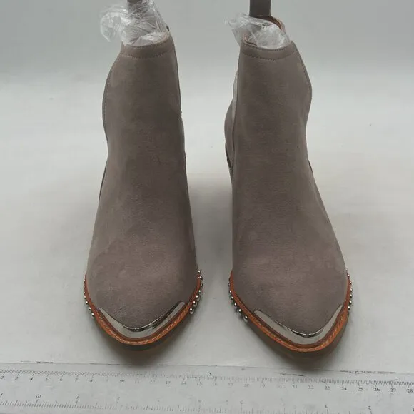 YDN Gray Studs Mid Heeled Faux Suede Cowboy Booties Cutout Metal Toe Ankle Boots