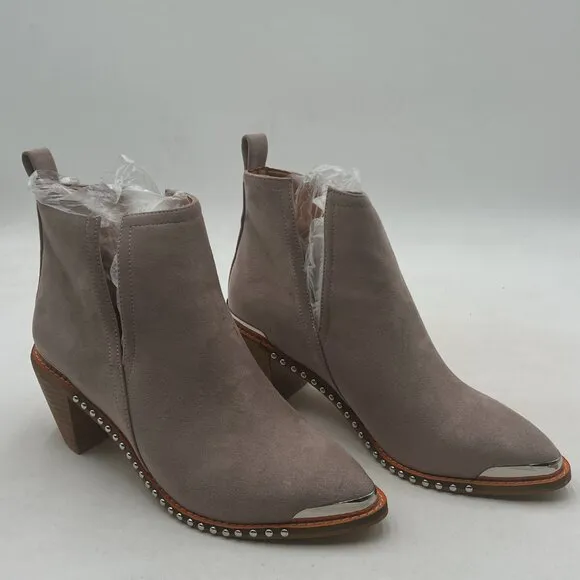 YDN Gray Studs Mid Heeled Faux Suede Cowboy Booties Cutout Metal Toe Ankle Boots