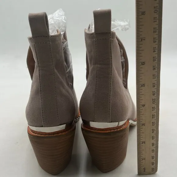YDN Gray Studs Mid Heeled Faux Suede Cowboy Booties Cutout Metal Toe Ankle Boots