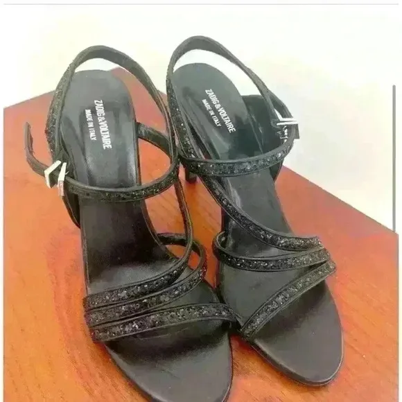 Zadig &amp; Voltaire Marilyn Dream Leather Heels Sandals Black Glitter Size 40 / 10