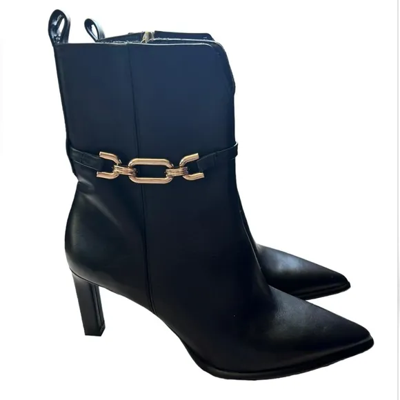 Zara Black metal trim leather heeled boots Size-38 NWOT