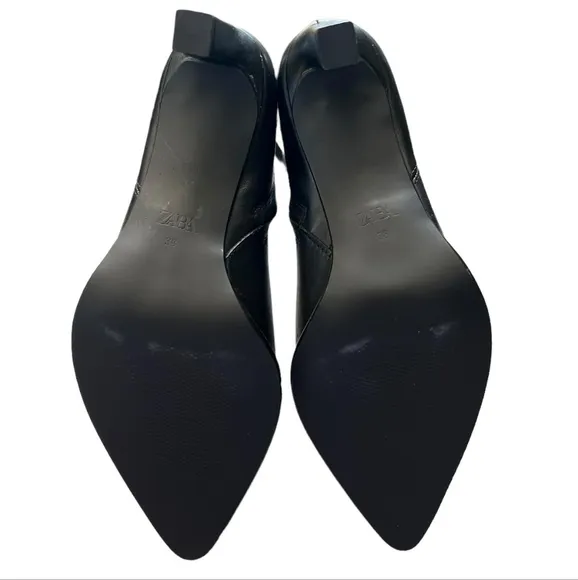 Zara Black metal trim leather heeled boots Size-38 NWOT
