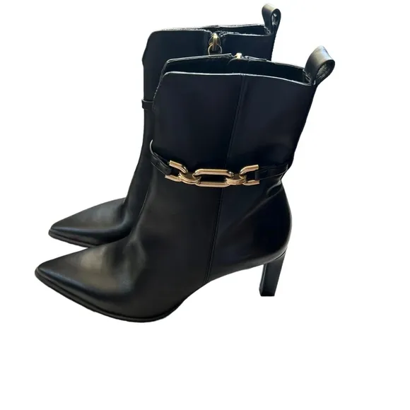 Zara Black metal trim leather heeled boots Size-38 NWOT