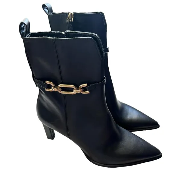 Zara Black metal trim leather heeled boots Size-38 NWOT