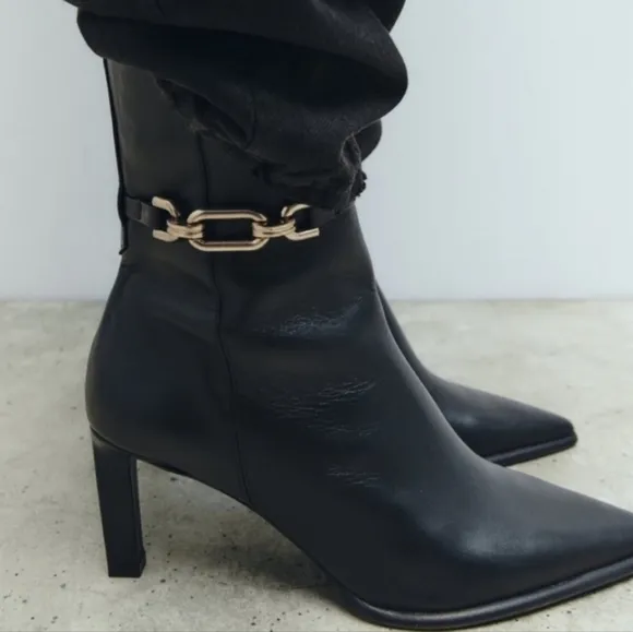Zara Black metal trim leather heeled boots Size-38 NWOT